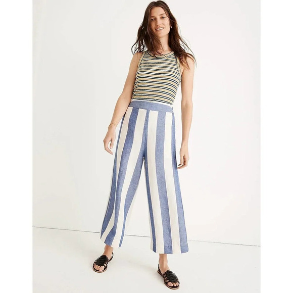 MADEWELL Women's Linen Huston Pull-On Crop Pants in Stripe Size Large - Picture 1 of 11